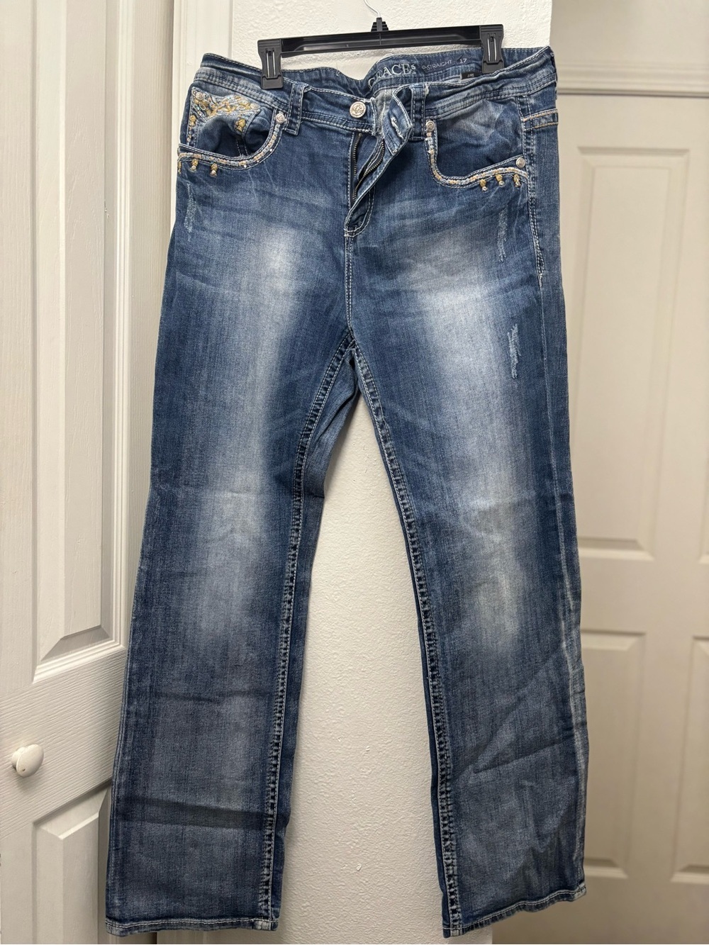 Grace in LA Faded Blue Straight-Leg Jeans with Gold-Tone Stud Accents